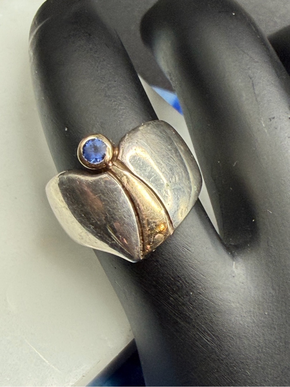 925 Sterling Silver Two Tone Blue Stone Ring #F024 Size 3.5 gold tone